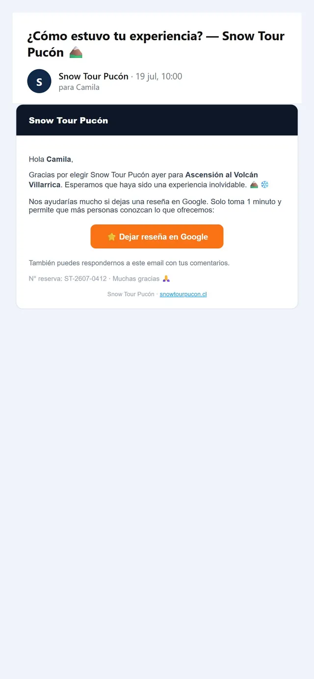Correo que invita a dejar una reseña en Google